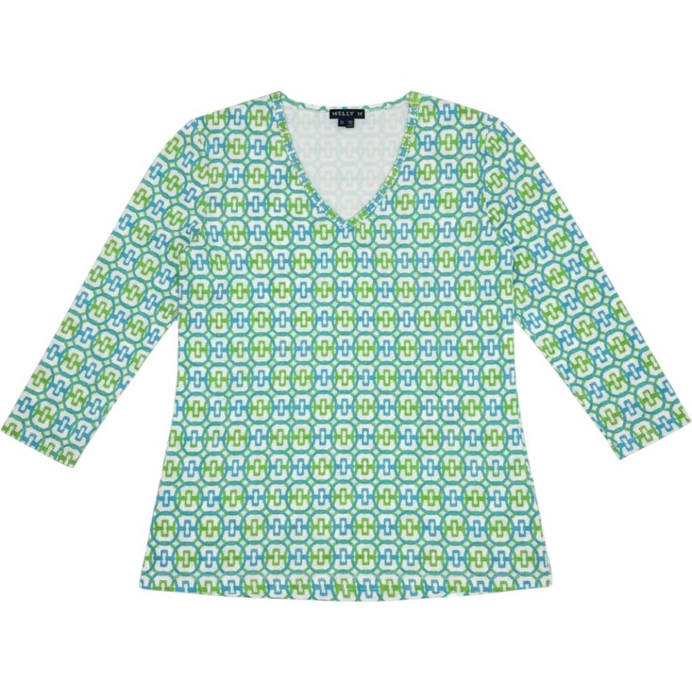 Melly M Women Green Blue Geometric Link Print V-Neck 3/4 Sleeve Top Size M
